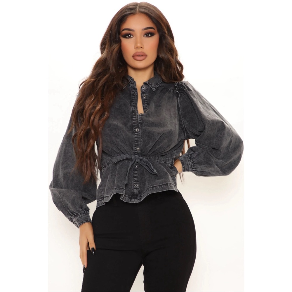 Fashion Nova Karmen Puff Sleeve Blouse in Black‎ Wash Size Large